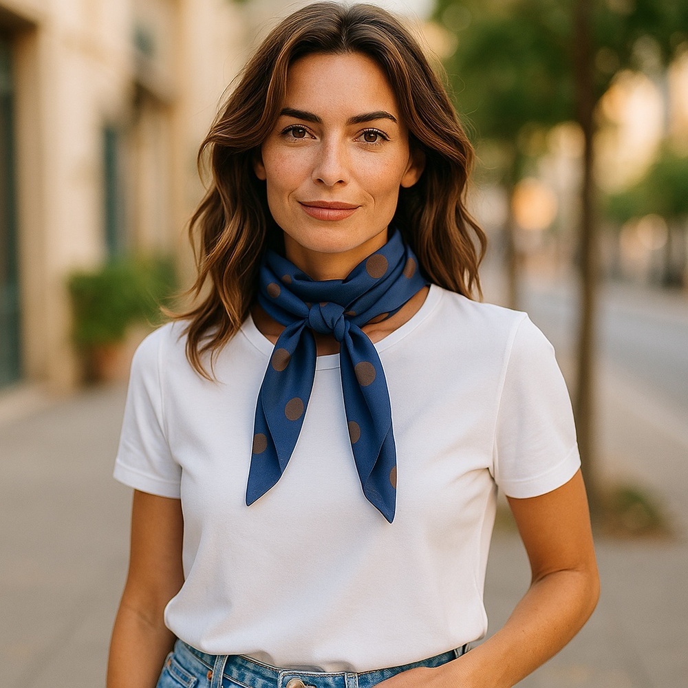 NWT SILKLETTE Floating Polka Dots 100% Fine Silk Kerchief Scarf NAVY/BROWN